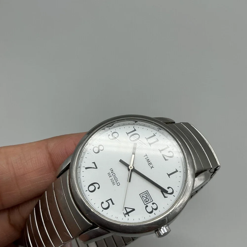 Timex Indiglo Mens Watch 35mm White Dial Silver Tone Stretch Date New Battery